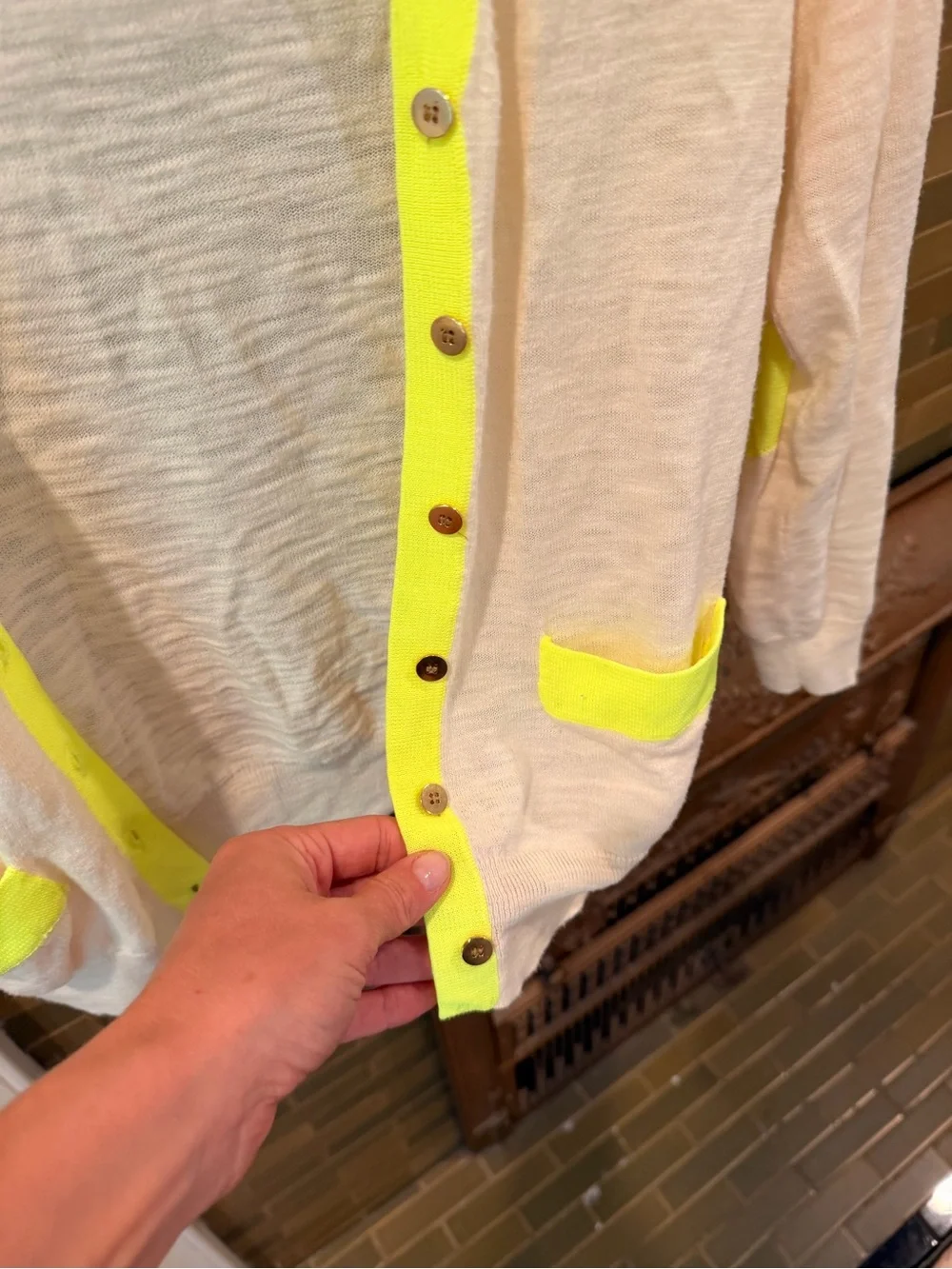 J. Crew Cream Cardigan with Neon Yellow Trim
